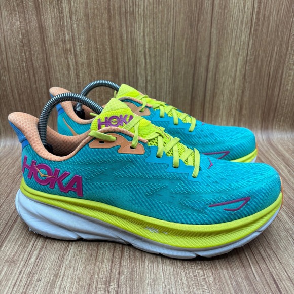 Hoka One One Shoes - Hoka Clifton 9 Running Shoe Womens 10B Teal Green 1127896-CEPR Cerulean Primrose